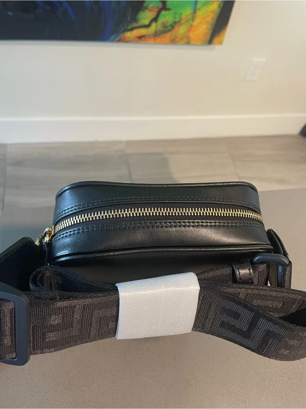 Versace Black Leather Messenger Crossbody with Gold Plaque